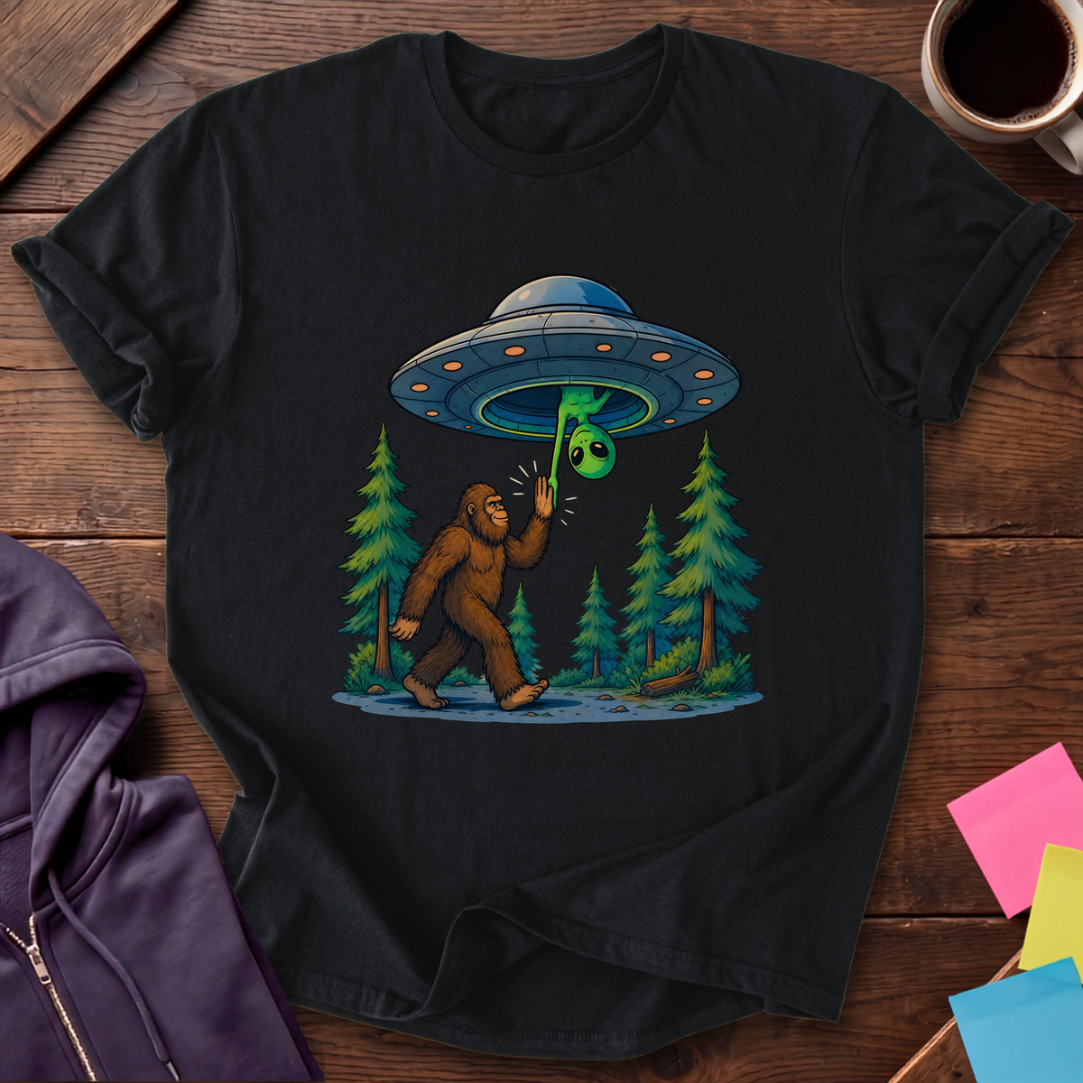 Bigfoot And Alien High Five T-Shirt — Black