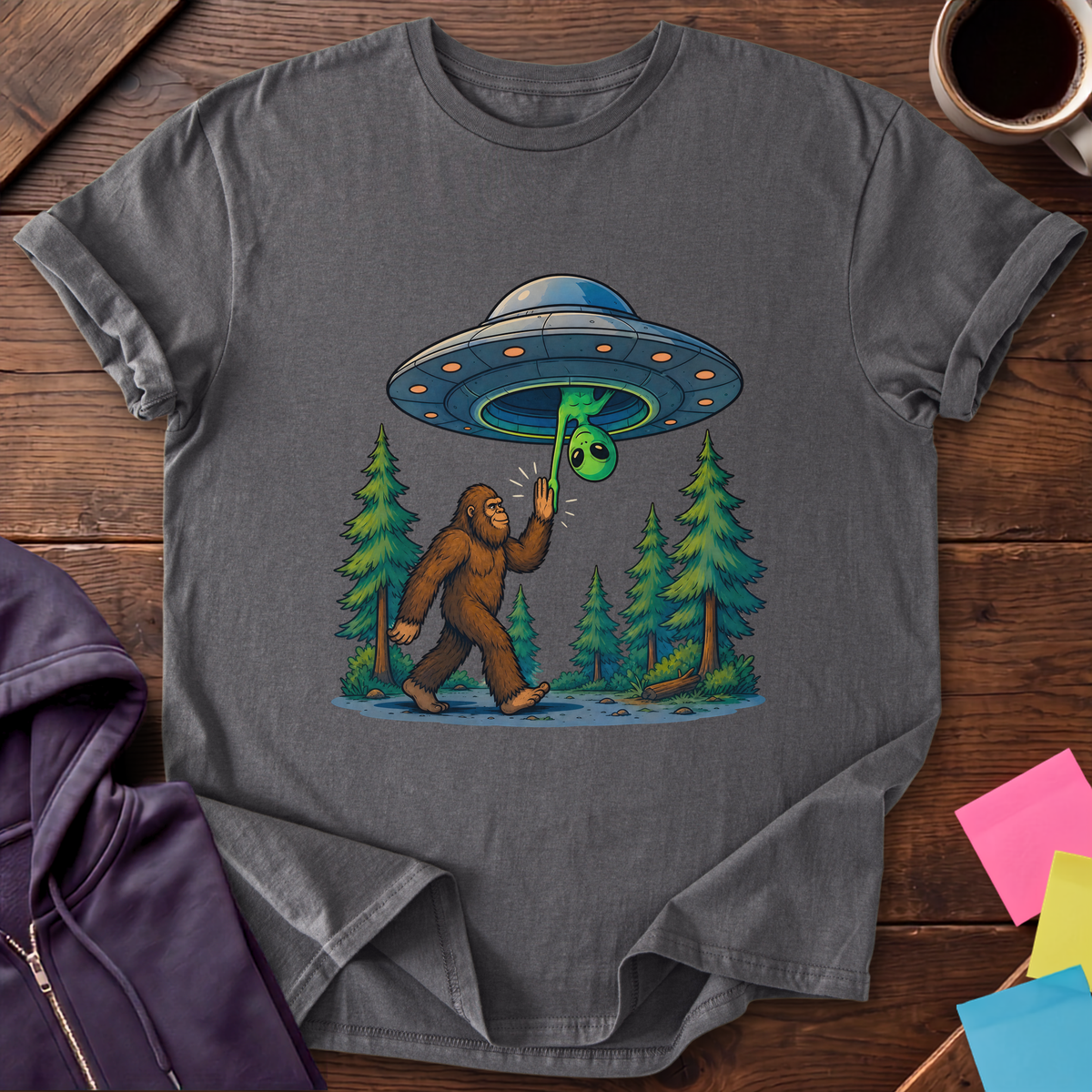 Bigfoot And Alien High Five T-Shirt — Charcoal