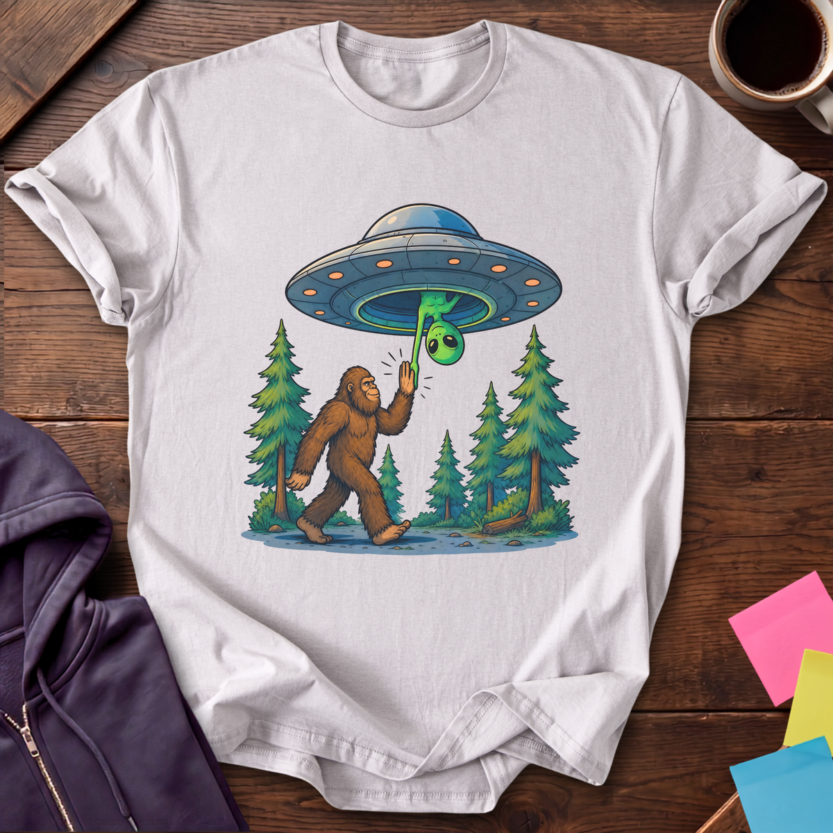 Bigfoot And Alien High Five T-Shirt — Ice Grey
