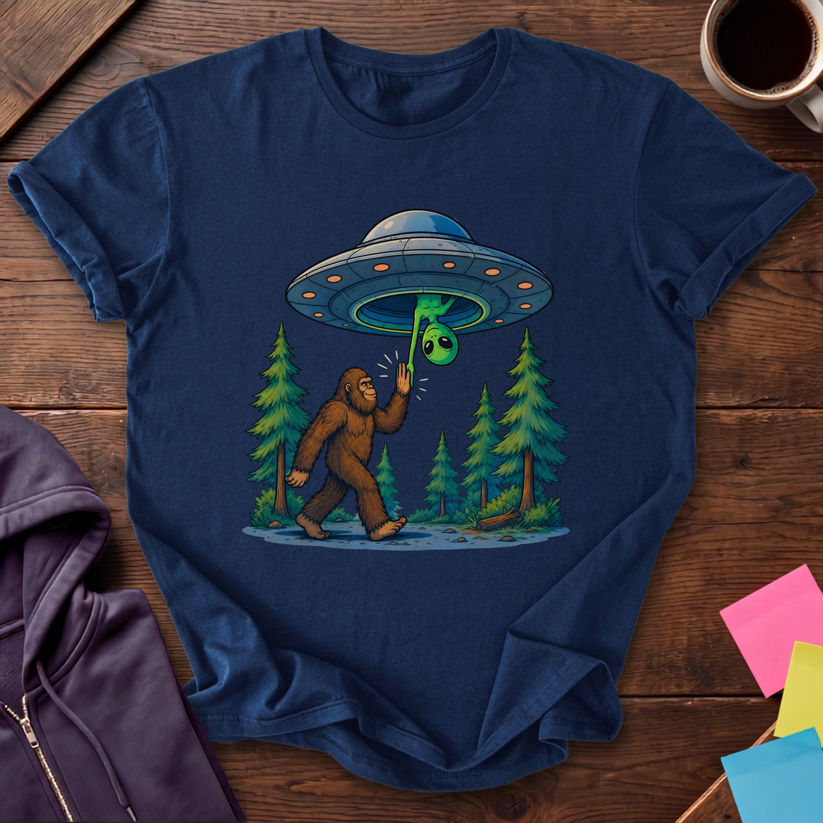 Bigfoot And Alien High Five T-Shirt — Navy