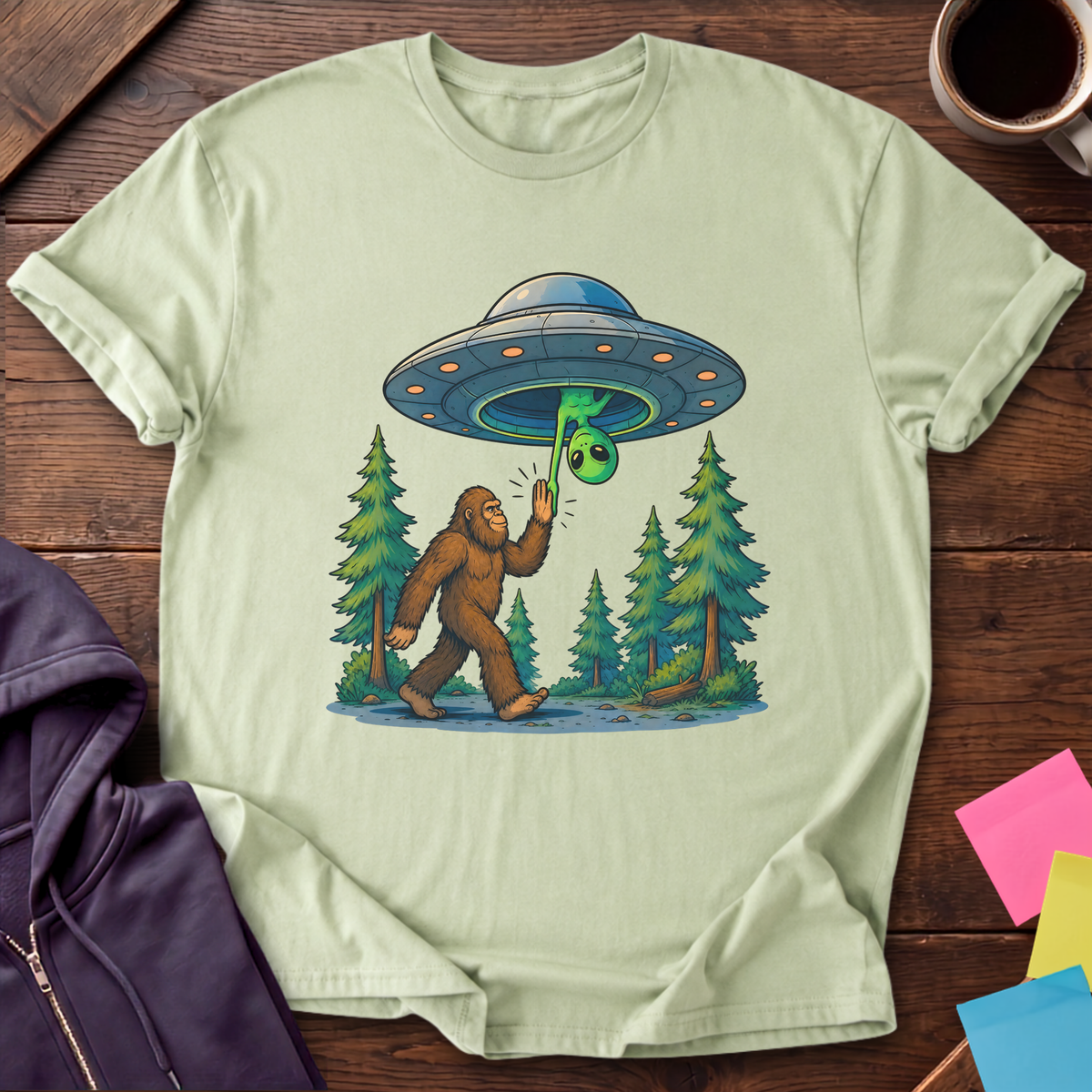 Bigfoot And Alien High Five T-Shirt — Pistachio