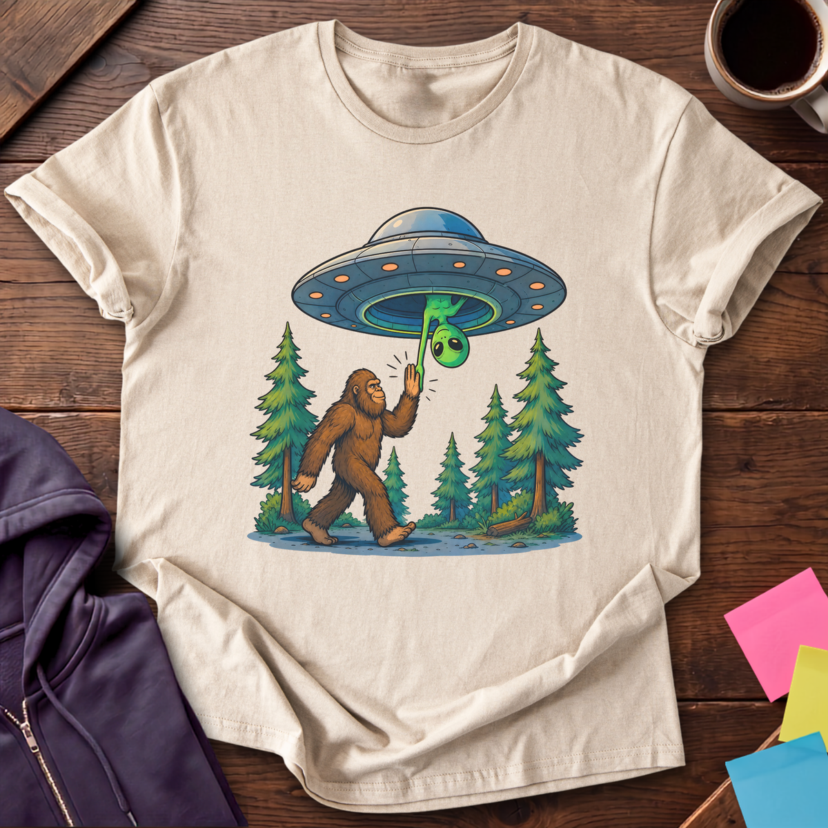 Bigfoot And Alien High Five T-Shirt — Sand