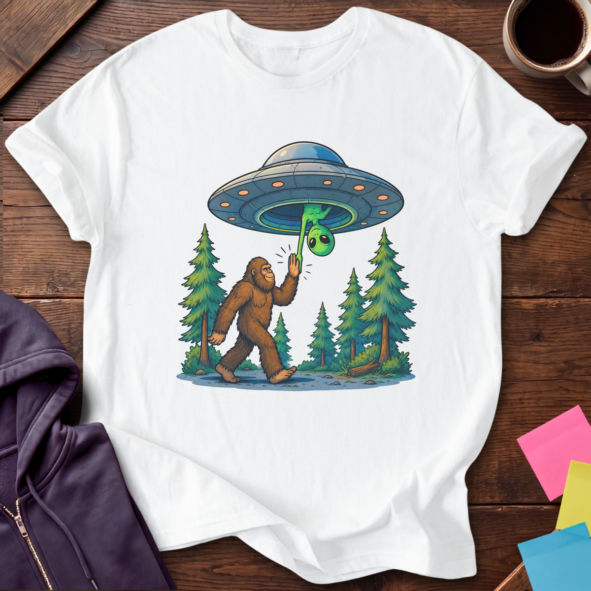 Bigfoot And Alien High Five T-Shirt — White
