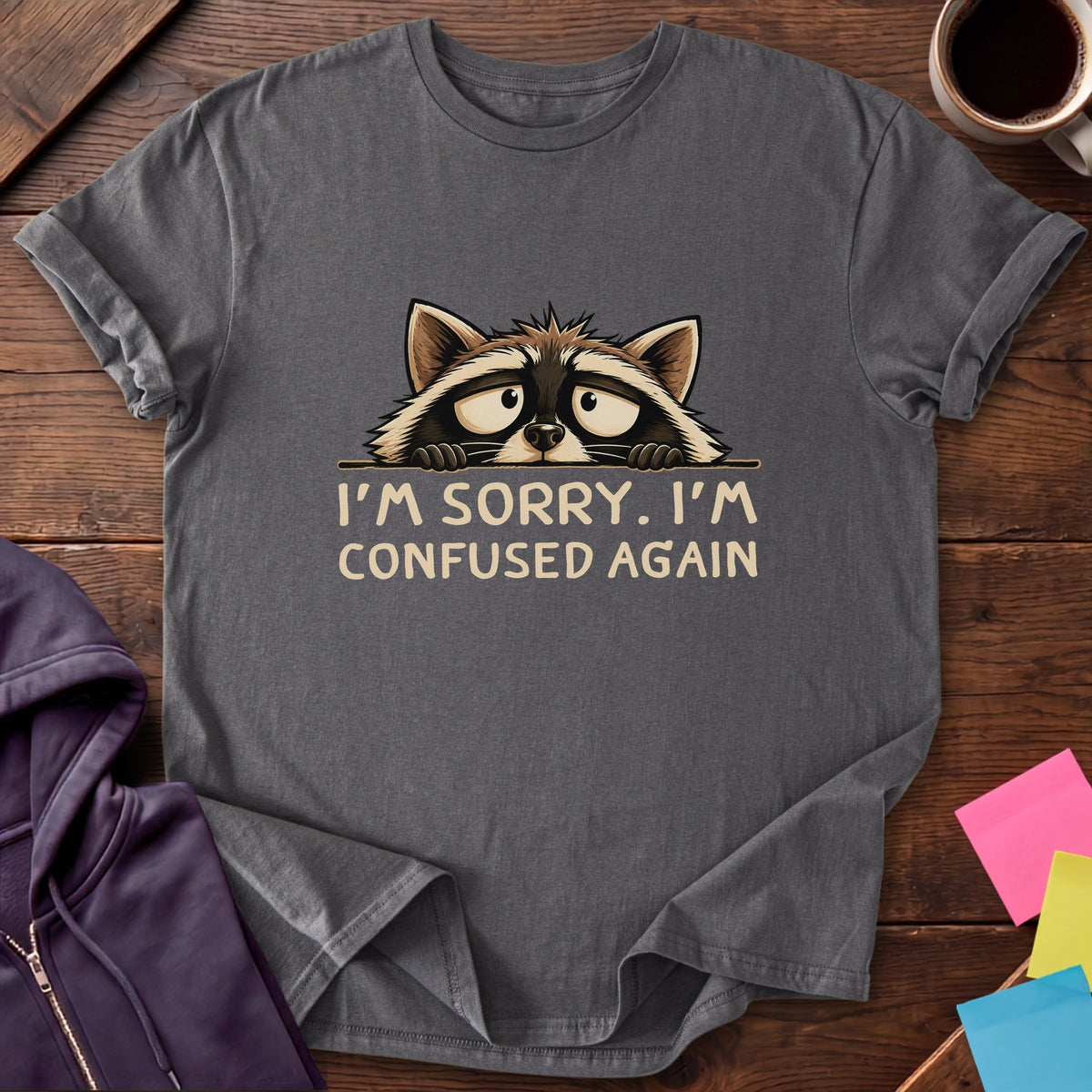 Confused Again Raccoon T-Shirt — Charcoal