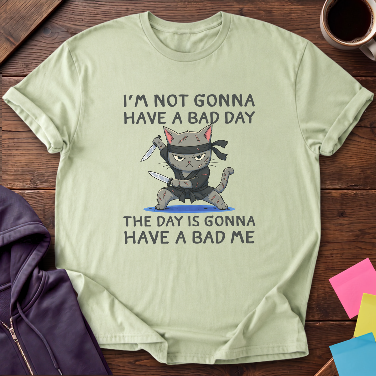 Ninja Cat Bad Day T-Shirt — Pistachio