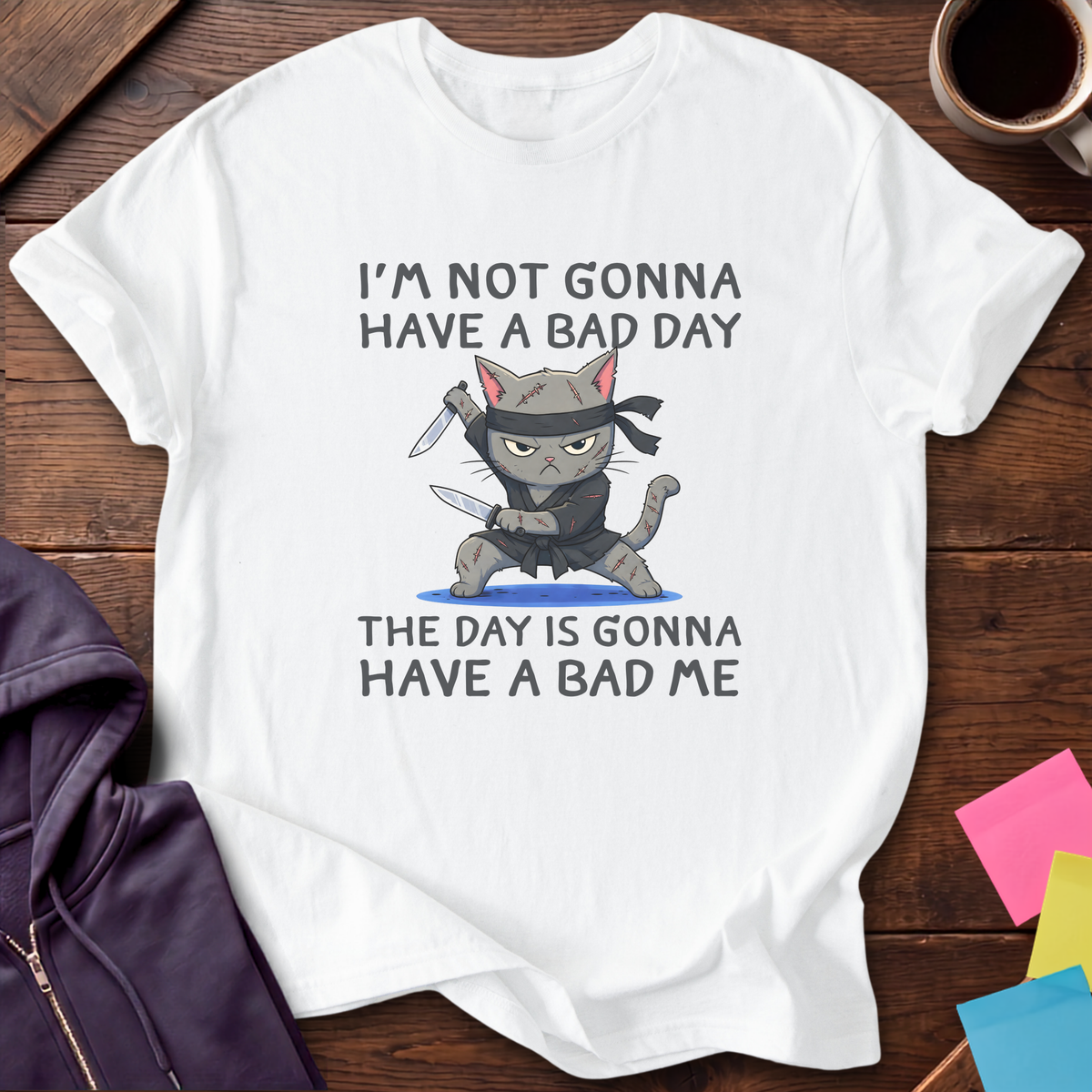 Ninja Cat Bad Day T-Shirt — White